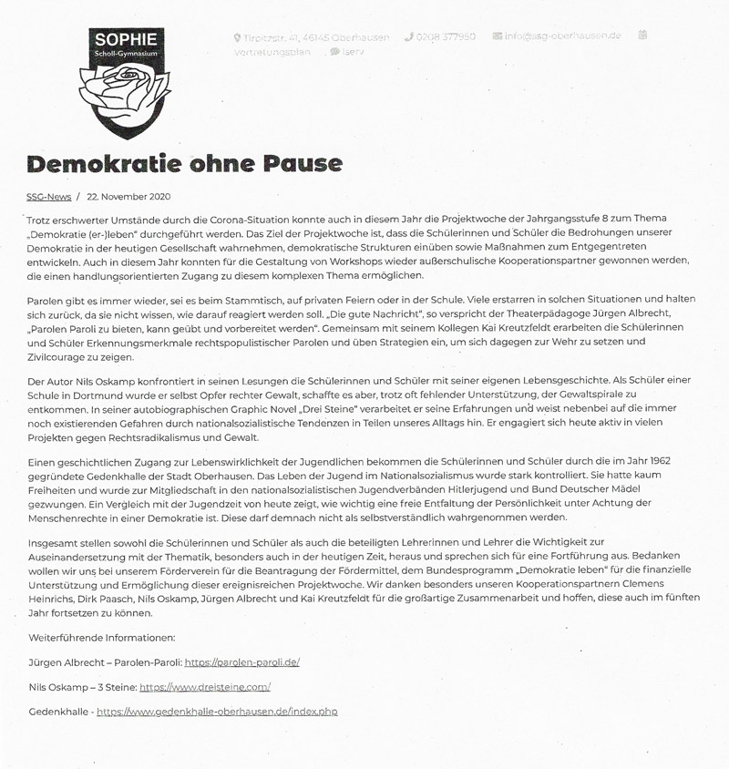 Demokratie ohne Pause, Sophie-Scholl-Gymnasium in Oberhausen